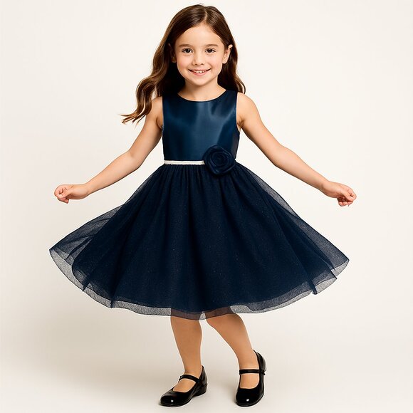 H&M Girls Navy Blue Satin Tulle Sparkle Sleeveless Party Dance Dress Size 7-8 - Picture 1 of 4